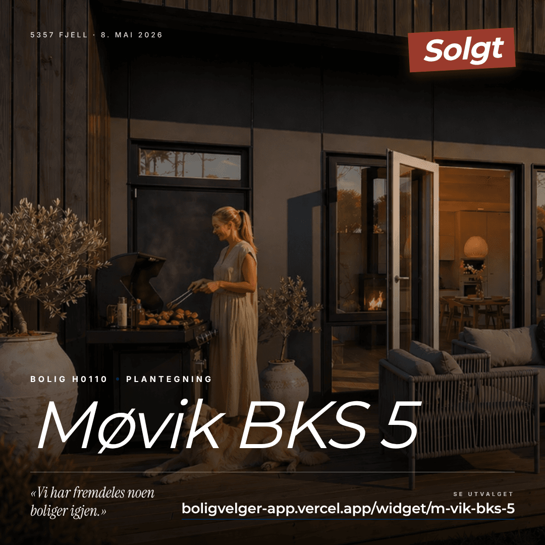 Ferdig salgspost — Møvik BKS 5, bolig H0110 solgt 8. mai 2026, fotostilet kveldsstemning med grill